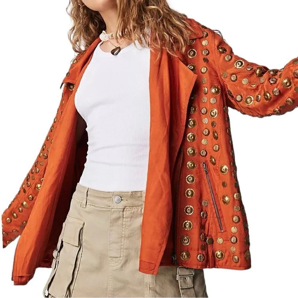 Free People Women’s Chelsea Coin Moto Jacket in the Size Medium in Brick Orange